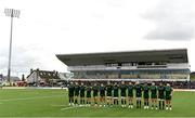 21 October 2023; Connacht players stand for a moment’s silence in respect to all those affected by the current crisis in Gaza and Israel before the United Rugby Championship match between Connacht and Ospreys at The Sportsground in Galway. Photo by Sam Barnes/Sportsfile