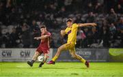 20 October 2023; Ed McCarthy of Galway United in action against Darragh Levingston of Wexford during the SSE Airtricity Men's First Division match between Galway United and Wexford at Eamonn Deacy Park in Galway. Photo by Stephen McCarthy/Sportsfile