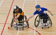 21 October 2023; Action during the 2023 Wheelchair Hurling / Camogie All Ireland Final match between Ulster and Munster at SETU Carlow Sports Hall in Carlow. Photo by Ben McShane/Sportsfile