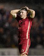 20 October 2023; Ed McCarthy of Galway United reacts to a missed opportunity on goal during the SSE Airtricity Men's First Division match between Galway United and Wexford at Eamonn Deacy Park in Galway. Photo by Stephen McCarthy/Sportsfile