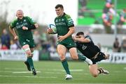 21 October 2023; Tom Farrell of Connacht in action against Reuben Morgan-Williams of Ospreys during the United Rugby Championship match between Connacht and Ospreys at The Sportsground in Galway. Photo by Tyler Miller/Sportsfile