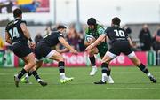 21 October 2023; Byron Ralston of Connacht in action against Owen Watkin of Ospreys, left, and Owen Williams during the United Rugby Championship match between Connacht and Ospreys at The Sportsground in Galway. Photo by Tyler Miller/Sportsfile