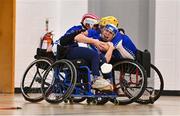 21 October 2023; Munster players celebrate after the 2023 Wheelchair Hurling / Camogie All Ireland Final match between Ulster and Munster at SETU Carlow Sports Hall in Carlow. Photo by Ben McShane/Sportsfile