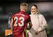 20 October 2023; SSE Airtricity marketing specialist Ruth Rapple with Galway United captain Conor McCormack after the SSE Airtricity Men's First Division match between Galway United and Wexford at Eamonn Deacy Park in Galway. Photo by Stephen McCarthy/Sportsfile
