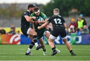 21 October 2023; Cathal Forde of Connacht is tackled by Owen Williams of Ospreys, left, and Keiran Williams during the United Rugby Championship match between Connacht and Ospreys at The Sportsground in Galway. Photo by Tyler Miller/Sportsfile