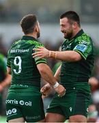 21 October 2023; Caolin Blade of Connacht, left, celebrates with teammate Dylan Tierney-Martin after scoring their side's third try during the United Rugby Championship match between Connacht and Ospreys at The Sportsground in Galway. Photo by Tyler Miller/Sportsfile