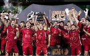 20 October 2023; Galway United captain Conor McCormack lifts the SSE Airtricity Men's First Division cup with team-mates after the SSE Airtricity Men's First Division match between Galway United and Wexford at Eamonn Deacy Park in Galway. Photo by Stephen McCarthy/Sportsfile