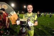20 October 2023; Galway United goalkeeper Brendan Clarke celebrates with the SSE Airtricity Men's First Division cup after the SSE Airtricity Men's First Division match between Galway United and Wexford at Eamonn Deacy Park in Galway. Photo by Stephen McCarthy/Sportsfile