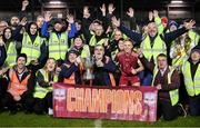 20 October 2023; Galway United captain Conor McCormack and stewards celebrate with the SSE Airtricity Men's First Division cup after the SSE Airtricity Men's First Division match between Galway United and Wexford at Eamonn Deacy Park in Galway. Photo by Stephen McCarthy/Sportsfile