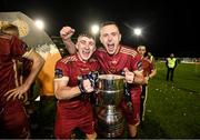 20 October 2023; Ed McCarthy, left, and Killian Brouder of Galway United celebrate with the SSE Airtricity Men's First Division cup after the SSE Airtricity Men's First Division match between Galway United and Wexford at Eamonn Deacy Park in Galway. Photo by Stephen McCarthy/Sportsfile