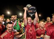 20 October 2023; David Hurley of Galway United celebrates with the SSE Airtricity Men's First Division cup after the SSE Airtricity Men's First Division match between Galway United and Wexford at Eamonn Deacy Park in Galway. Photo by Stephen McCarthy/Sportsfile