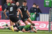 21 October 2023; Cathal Forde of Connacht scores his side's fourth try during the United Rugby Championship match between Connacht and Ospreys at The Sportsground in Galway. Photo by Sam Barnes/Sportsfile