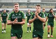 21 October 2023; Connacht players Oisin Dowling, left, and Tom Farrell applaud the crowd after their side's victory in the United Rugby Championship match between Connacht and Ospreys at The Sportsground in Galway. Photo by Sam Barnes/Sportsfile
