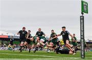 21 October 2023; Cathal Forde of Connacht evades the tackle of Luke Morgan of Ospreys on his way to scoring his side's fourth try during the United Rugby Championship match between Connacht and Ospreys at The Sportsground in Galway. Photo by Sam Barnes/Sportsfile