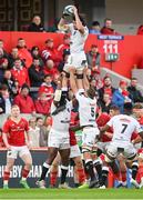 21 October 2023; Emile van Heerden of Hollywoodbets Sharks takes possession in a lineout during the United Rugby Championship match between Munster and Hollywoodbets Sharks at Thomond Park in Limerick. Photo by Seb Daly/Sportsfile
