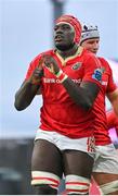 21 October 2023; Edwin Edogbo of Munster celebrates after scoring his side's first try during the United Rugby Championship match between Munster and Hollywoodbets Sharks at Thomond Park in Limerick. Photo by Seb Daly/Sportsfile