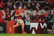 21 October 2023; Andrew Conway of Munster on his way to scoring his side's fourth try during the United Rugby Championship match between Munster and Hollywoodbets Sharks at Thomond Park in Limerick. Photo by Seb Daly/Sportsfile