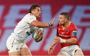 21 October 2023; Rohan Janse van Rensburg of Hollywoodbets Sharks in action against Andrew Conway of Munster during the United Rugby Championship match between Munster and Hollywoodbets Sharks at Thomond Park in Limerick. Photo by Seb Daly/Sportsfile