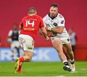 21 October 2023; Marnus Potgieter of Hollywoodbets Sharks in action against Andrew Conway of Munster during the United Rugby Championship match between Munster and Hollywoodbets Sharks at Thomond Park in Limerick. Photo by Seb Daly/Sportsfile