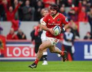 21 October 2023; Diarmuid Barron of Munster on his way to scoring his side's second try during the United Rugby Championship match between Munster and Hollywoodbets Sharks at Thomond Park in Limerick. Photo by Seb Daly/Sportsfile