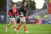 21 October 2023; Munster players Joey Carbery, right, and Rory Scannell before the United Rugby Championship match between Munster and Hollywoodbets Sharks at Thomond Park in Limerick. Photo by Seb Daly/Sportsfile