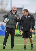 21 October 2023; Connacht head coach Peter Wilkins in conversation with Ospreys head coach Toby Booth before the United Rugby Championship match between Connacht and Ospreys at The Sportsground in Galway. Photo by Sam Barnes/Sportsfile