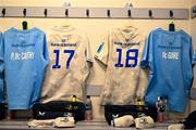 22 January 2023; The jerseys belonging to Leinster players Paddy McCarthy, 17, and Rory McGuire, 18, are seen in the dressing room before the United Rugby Championship match between Glasgow Warriors and Leinster at Scotstoun Stadium in Glasgow, Scotland. Photo by Sam Barnes/Sportsfile