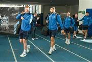 22 January 2023; Leinster players, from left, Ciarán Frawley, Max Deegan and Jordan Larmour  arrive before the United Rugby Championship match between Glasgow Warriors and Leinster at Scotstoun Stadium in Glasgow, Scotland. Photo by Sam Barnes/Sportsfile