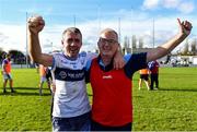 22 October 2023; Man of the Match Johnny Doyle of Allenwood, 45 years old and who made his adult club football championship debut in 1996, celebrates with his manager Noel Mooney after their side's victory in the Kildare County Intermediate Club Football Championship final between Castledermot and Allenwood at Netwatch Cullen Park in Carlow. Photo by Piaras Ó Mídheach/Sportsfile