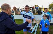 22 October 2023; Man of the Match Johnny Doyle of Allenwood, 45 years old and who made his adult club football championship debut in 1996, celebrates with supporters after their side's victory in the Kildare County Intermediate Club Football Championship final between Castledermot and Allenwood at Netwatch Cullen Park in Carlow. Photo by Piaras Ó Mídheach/Sportsfile