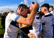 22 October 2023; Man of the Match Johnny Doyle of Allenwood, left, 45 years old and who made his adult club football championship debut in 1996, celebrates with team-mate Eric Judge, after their side's victory in the Kildare County Intermediate Club Football Championship final between Castledermot and Allenwood at Netwatch Cullen Park in Carlow. Photo by Piaras Ó Mídheach/Sportsfile