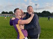 22 October 2023; Kilmacud Crokes manager Robbie Brennan, right, celebrates with selector Robbie Davis, and captain Shane Cunningham after the Dublin County Senior Club Football Championship final between Kilmacud Crokes and Ballyboden St Endas at Parnell Park in Dublin. Photo by Daire Brennan/Sportsfile