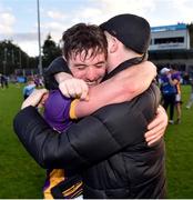 22 October 2023; Andy McGowan of Kilmacud Crokes celebrates with supporter Stephen McEntee after the Dublin County Senior Club Football Championship final between Kilmacud Crokes and Ballyboden St Endas at Parnell Park in Dublin. Photo by Daire Brennan/Sportsfile