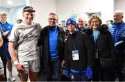 22 January 2023; Leinster debutant Paddy McCarthy, left, with his parents Joe and Paula, and brother Andrew after the United Rugby Championship match between Glasgow Warriors and Leinster at Scotstoun Stadium in Glasgow, Scotland. Photo by Sam Barnes/Sportsfile