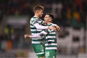 22 October 2023; Trevor Clarke of Shamrock Rovers celebrates after scoring his side's first goal with team-mate Markus Poom, left, during the SSE Airtricity Men's Premier Division match between Shamrock Rovers and Drogheda United at Tallaght Stadium in Dublin. Photo by Stephen McCarthy/Sportsfile