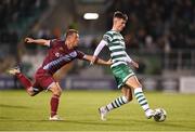 22 October 2023; Johnny Kenny of Shamrock Rovers in action against Matthew O'Brien of Drogheda United during the SSE Airtricity Men's Premier Division match between Shamrock Rovers and Drogheda United at Tallaght Stadium in Dublin. Photo by Stephen McCarthy/Sportsfile