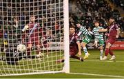 22 October 2023; Neil Farrugia, 23, of Shamrock Rovers scores his side's fourth goal during the SSE Airtricity Men's Premier Division match between Shamrock Rovers and Drogheda United at Tallaght Stadium in Dublin. Photo by Stephen McCarthy/Sportsfile