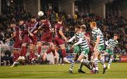 22 October 2023; Markus Poom of Shamrock Rovers watches his free kick come off the head of Darragh Noone in the Drogheda United wall during the SSE Airtricity Men's Premier Division match between Shamrock Rovers and Drogheda United at Tallaght Stadium in Dublin. Photo by Stephen McCarthy/Sportsfile