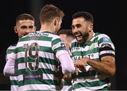 22 October 2023; Roberto Lopes, right, celebrates with his Shamrock Rovers team-mate Markus Poom, who scored their fifth goal, during the SSE Airtricity Men's Premier Division match between Shamrock Rovers and Drogheda United at Tallaght Stadium in Dublin. Photo by Stephen McCarthy/Sportsfile