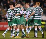 22 October 2023; Neil Farrugia, 23, celebrates with Shamrock Rovers team-mates after scoring their side's fourth goal during the SSE Airtricity Men's Premier Division match between Shamrock Rovers and Drogheda United at Tallaght Stadium in Dublin. Photo by Stephen McCarthy/Sportsfile