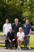 7 July 2004; Irish Olympic games representatives, Niall Griffin, back - left, equestrian, Derek Burnett, back - right, trap shooting, and Heike Holstein, equestrian, with Minister for Arts, Sport and Tourism, Mr. John O'Donoghue, TD, and President of the Olympic Council of Ireland, Pat Hickey, at the announcement of the Irish Olympic team for the forthcoming Summer Olympic games in Athens. Picture credit; Brendan Moran / SPORTSFILE