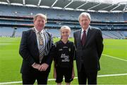 1 September 2013; Referee Laura Redican, representing St. Brigid's N.S. Drumcong, Co. Leitrim, with Ard Stiúrthoir Paraic Duffy, right, and Séan McMahon, Vice-President of the Irish National Teachers Organisation, before the INTO/RESPECT Exhibition GoGames at the GAA Football All-Ireland Senior Championship Semi-Final between Dublin and Kerry. Croke Park, Dublin. Picture credit: Ray McManus / SPORTSFILE