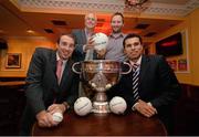 5 September 2013; Ulster Bank and former Cork GAA stars John Garndiner, left, and Seán Óg Ó hAilpín pictured with Brendan Healy, from Ulster Bank, and Newstalk 106-108 FM’s Off the Ball presenter Ger Gilroy in advance of the live broadcast of Ireland’s most popular sports radio show ‘Off the Ball’ at The Old Oak Bar in Cork City, on Thursday 5th September. The ‘Off The Ball Roadshow with Ulster Bank’, which has already been to Donegal, Kerry and Mayo and will finish up in Dublin, will give GAA fans the opportunity to experience the multi award-winning show, where they will broadcast live from GAA haunts and clubs across the country. As part of the summer-long roadshow, Ulster Bank is also searching for Ireland’s ‘Best GAA Fan’. GAA super-fans are being invited to log on to ulsterbank.com/GAA to submit their most passionate and dedicated stories, pictures and videos that demonstrate the lengths they go to in supporting their county. There will be weekly prizes and Ireland’s Best GAA Fan will be chosen to win €5,000 towards a home make-over and a trip to the GAA All-Ireland Senior Football Final. The Old Oak Bar, Cork City. Picture credit: Diarmuid Greene / SPORTSFILE