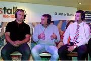 5 September 2013; Former Clare hurler Fergus Tuohy, centre, alongside former Cork hurlers Diarmuid O'Sullivan, left, and Seán Óg Ó hAilpín during the live broadcast of Ireland’s most popular sports radio show ‘Off the Ball’ at The Old Oak Bar in Cork City, on Thursday 5th September. The ‘Off The Ball Roadshow with Ulster Bank’, which has already been to Donegal, Kerry and Mayo and will finish up in Dublin, will give GAA fans the opportunity to experience the multi award-winning show, where they will broadcast live from GAA haunts and clubs across the country. As part of the summer-long roadshow, Ulster Bank is also searching for Ireland’s ‘Best GAA Fan’. GAA super-fans are being invited to log on to ulsterbank.com/GAA to submit their most passionate and dedicated stories, pictures and videos that demonstrate the lengths they go to in supporting their county. There will be weekly prizes and Ireland’s Best GAA Fan will be chosen to win €5,000 towards a home make-over and a trip to the GAA All-Ireland Senior Football Final. The Old Oak Bar, Cork City. Picture credit: Diarmuid Greene / SPORTSFILE