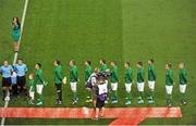 6 September 2013; Model Nadia Forde sings the National Anthem as the team stand before the game. 2014 FIFA World Cup Qualifier, Group C, Republic of Ireland v Sweden, Aviva Stadium, Lansdowne Road, Dublin. Picture credit: Brendan Moran / SPORTSFILE