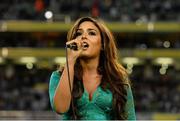 6 September 2013; Model Nadia Forde after sings the National Anthem before the game. 2014 FIFA World Cup Qualifier, Group C, Republic of Ireland v Sweden, Aviva Stadium, Lansdowne Road, Dublin. Picture credit: David Maher / SPORTSFILE