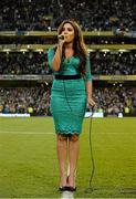 6 September 2013; Model Nadia Forde after sings the National Anthem before the game. 2014 FIFA World Cup Qualifier, Group C, Republic of Ireland v Sweden, Aviva Stadium, Lansdowne Road, Dublin. Picture credit: David Maher / SPORTSFILE