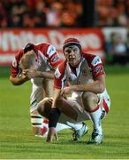 6 September 2013; A dejected Johann Muller and Lewis Stevenson, Ulster, after the game. Celtic League 2013/14, Round 1, Newport Gwent Dragons v Ulster, Rodney Parade, Wales. Picture credit: Steve Pope / SPORTSFILE
