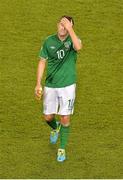 6 September 2013; A dejected Robbie Keane, Republic of Ireland, at the end of the game. 2014 FIFA World Cup Qualifier, Group C, Republic of Ireland v Sweden, Aviva Stadium, Lansdowne Road, Dublin. Picture credit: Brendan Moran / SPORTSFILE