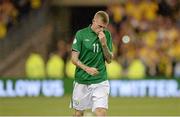 6 September 2013; A dejected James McClean, Republic of Ireland, after the game. 2014 FIFA World Cup Qualifier, Group C, Republic of Ireland v Sweden, Aviva Stadium, Lansdowne Road, Dublin. Picture credit: Matt Browne / SPORTSFILE